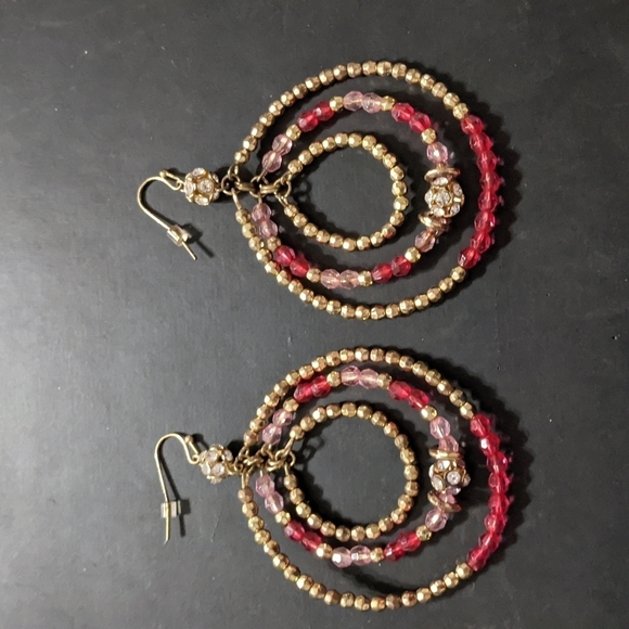 Gold Tone Beaded Pink Crystal Rhinestone Dangle Hoop Statement Earrings - Picture 1 of 3